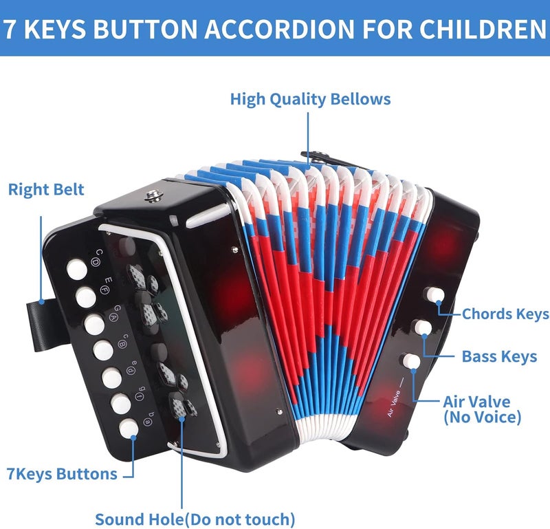 LOTKEY 7 Key Kids Accordion, 3 Bass Mini Accordion Instrument, Lightweight and Durable Portable Design for Students, Children, Beginners to Practice (Black) - Image 3